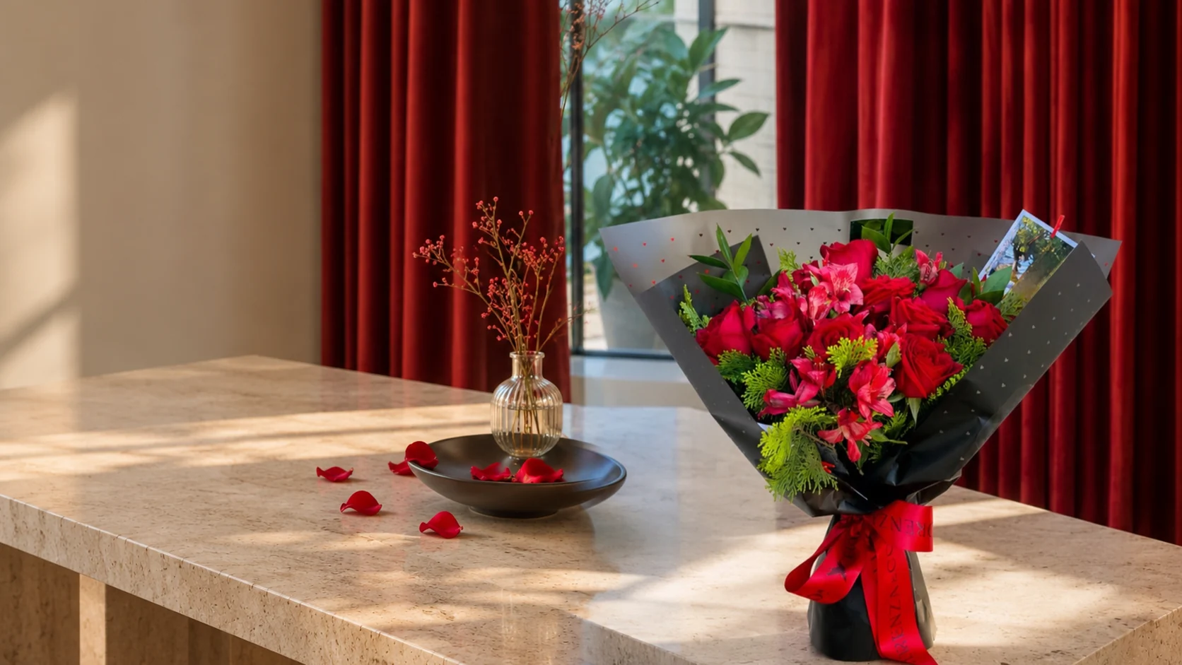 Buquê de rosas vermelhas da Fiorenza & Co. em embalagem preta, sobre mesa de mármore